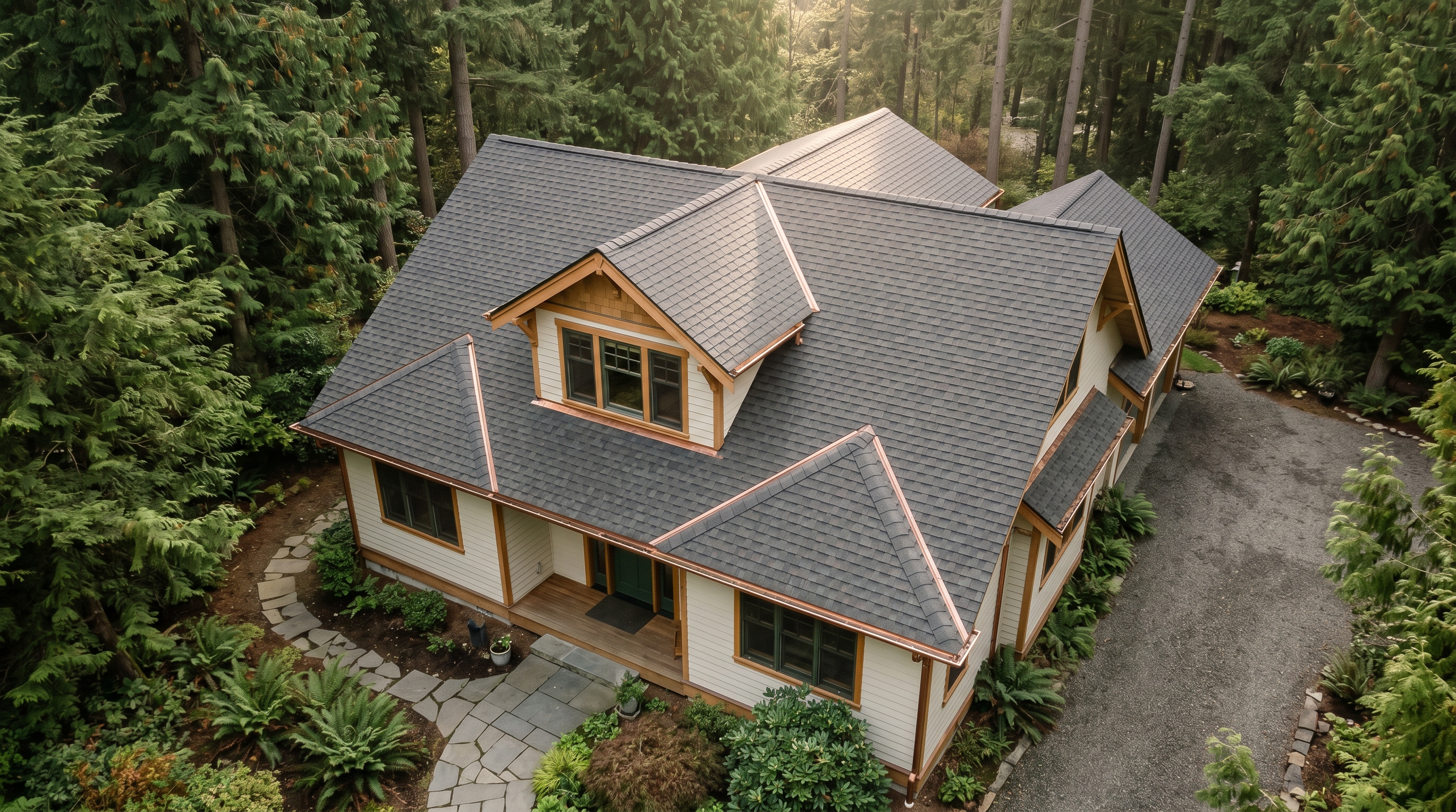 Aerial drone photograph of a freshly shingled Pacific Northwest craftsman home surrounded by cedar trees in late-afternoon light